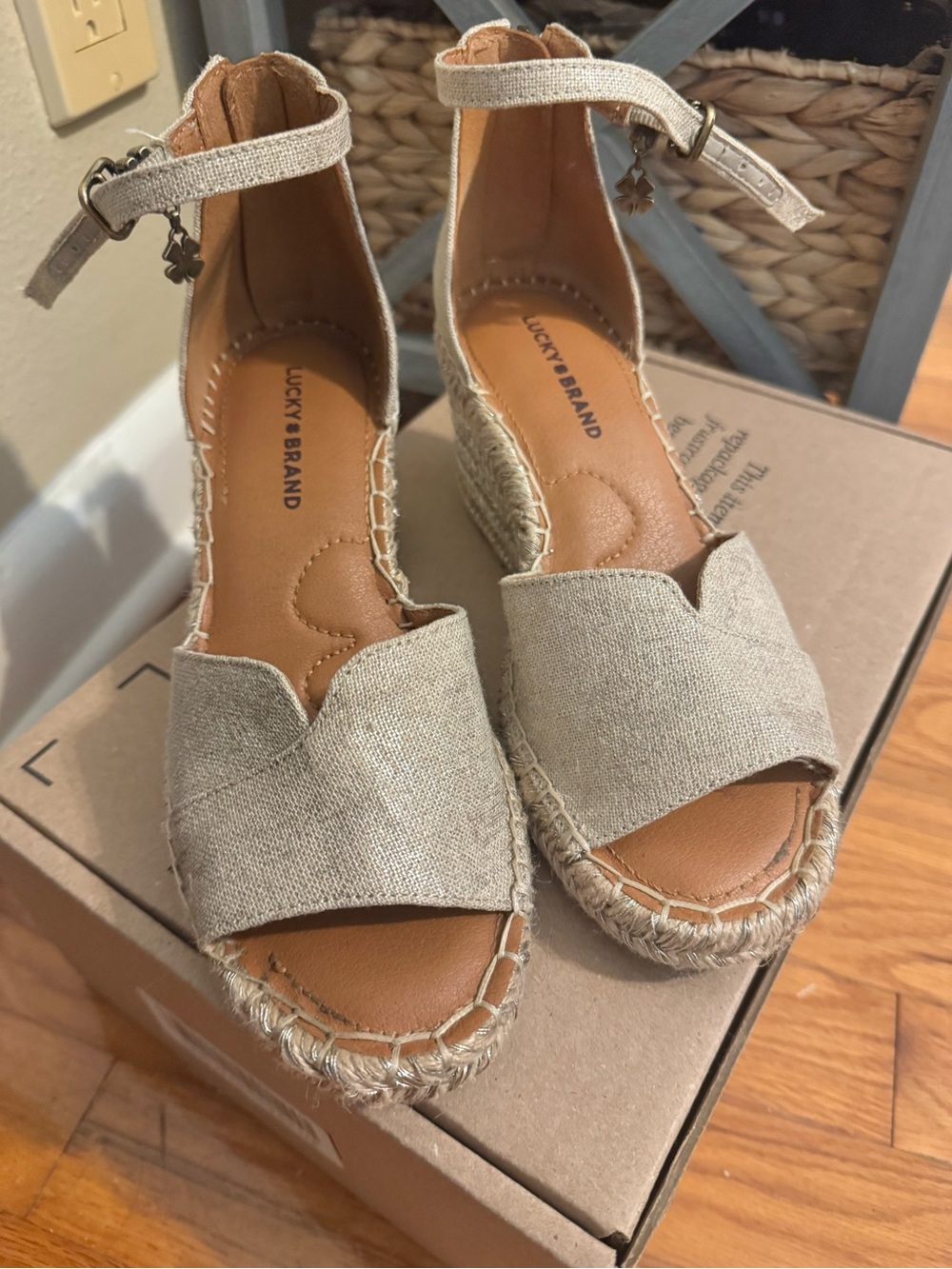 Lucky Brand Neutral Beige Linen Espadrille Wedge Sandals with Ankle Strap